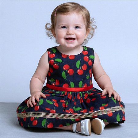 Vestido de Bebê Menina Cereja 100% Algodão Festa 2 Meses a 6 Anos