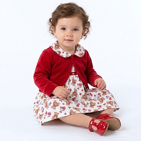 Vestido de Bebê 100% Algodão Menina Infantil Estampado com Bolero em Plush 2 Meses até 6 Anos Laura