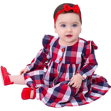 Vestido de Bebê Infantil Xadrez Manga Longa 100% Algodão Toque Macio 2 Meses até 6 Anos Cecília