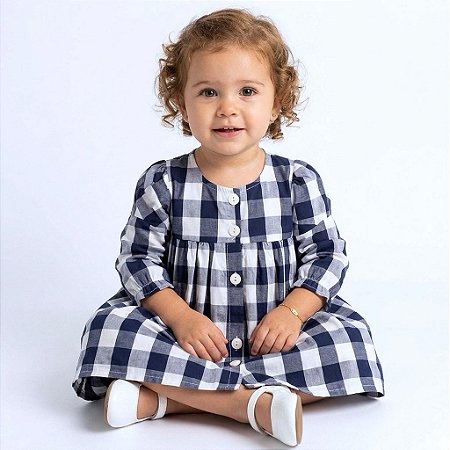 Vestido de Bebê Xadrez Azul Luxo Manga Longa 100% Algodão 2 Meses a 4 Anos Valentina
