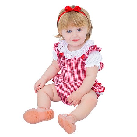 Body Jardineira Xadrez Vermelho com Blusa de Laise - Olivia
