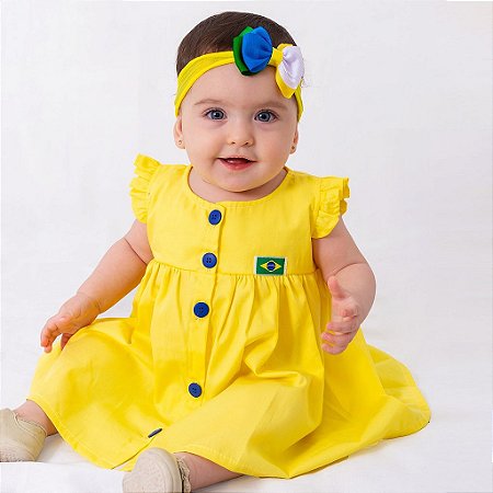 Vestido Bebê Menina Infantil Amarelo 100% Algodão Brasil Copa do Mundo 2 Meses a 4 Anos