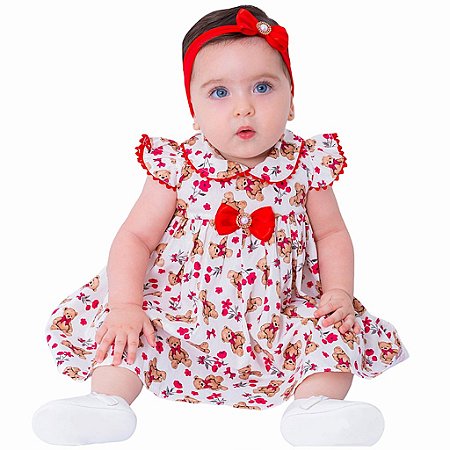 Vestido de Bebê Infantil Menina Estampado Ursinho 100% Algodão 2 Meses até 6 Anos - Laura