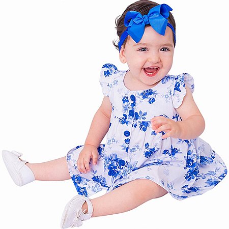 Vestido de Bebê Floral Azul Luxo Festa 100% Algodão 2 Meses a 6 Anos Rafaela