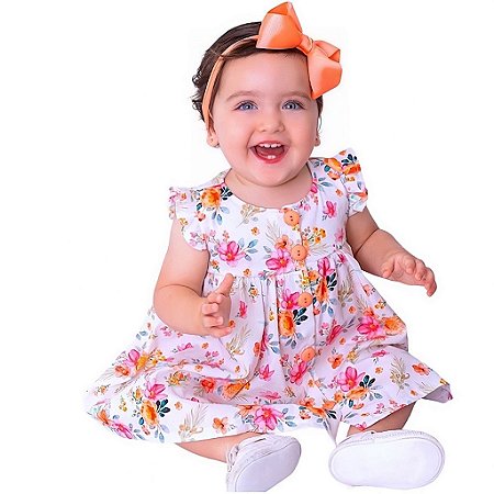 Vestido de Bebê Infantil Toque Macio estiloso Floral Laranja 100% Algodão 2 Meses até 6 Anos Juliana
