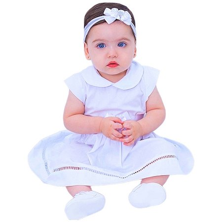 Vestido de Bebê Menina Branco Roupa Menina Infantil 100% Algodão 2 Meses a 6 Anos Batizado