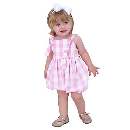 Macacão de Bebê Menina Xadrez Rosa 100% Algodão 2 Meses a 1 Ano Maria Antonella