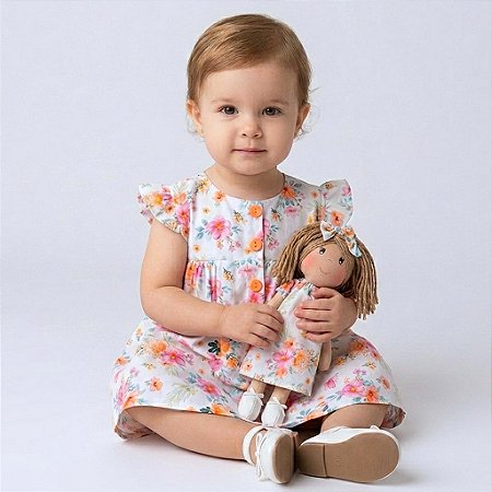 Vestido Bebe Infantil Menina 100% Algodão com Boneca de pano combinando 2 Meses até 6 Anos Juliana