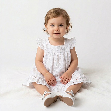 Vestido Bebê Infantil Toque Macio e super confortável Branco em Laise com Forro 100% Algodão 2 Meses até 6 Anos