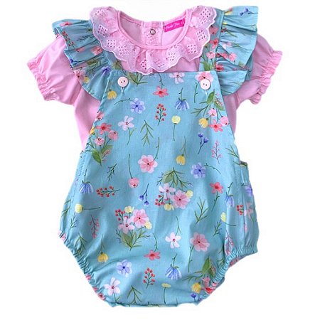 Body Jardineira 2 Peças 100% Algodão com Blusa 2 Meses a 1 Ano