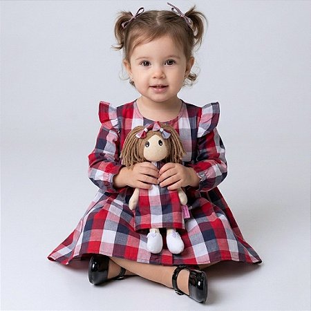 Vestido Bebê e Infantil Xadrez Manga Longa com Boneca de Pano 2 Meses a 6 Anos CECILIA