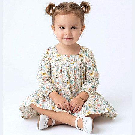 Vestido de Bebê e Infantil Manga Longa Florido 100% Algodão 2 Meses a 8 Anos Melissa