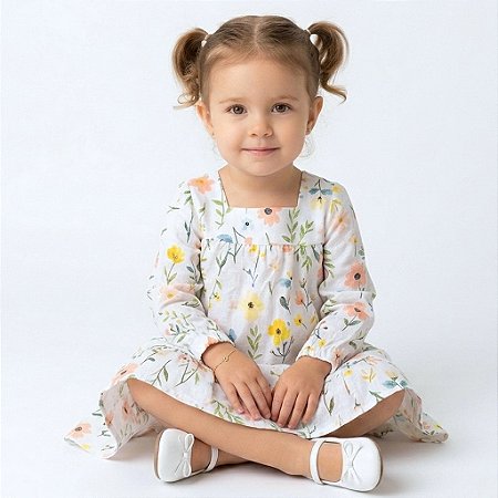 Vestido de Bebê e Infantil Manga Longa Florido 100% Algodão 2 Meses até 6 Anos - Malu