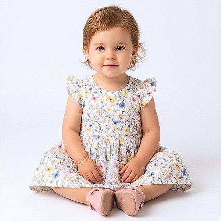 Vestido Infantil Bebê Floral Borboletas Confortável Macio 100% Algodão 2 Meses a 8 Anos Antonella