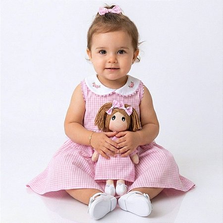 Kit Vestido com Boneca de pano Infantil Xadrez Rosa Conforto Luxo 100% Algodão 2 Meses até 4 Anos Clara