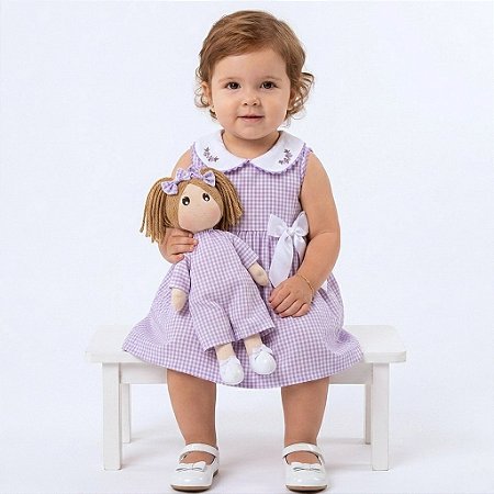 Kit Vestido e Infantil com Boneca de Pano 100% Algodão 2 Meses a 6 Anos Barbara