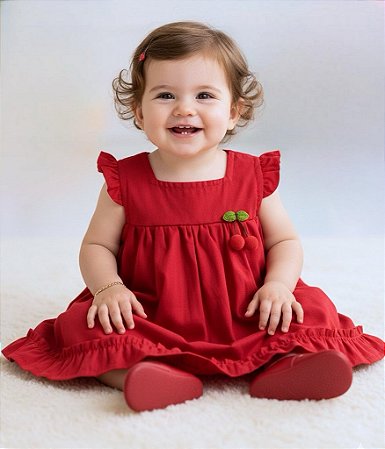 Vestido Bebê Vermelho Luxo Aplique Cereja Manga Curta 100% Algodão Mundo Nina
