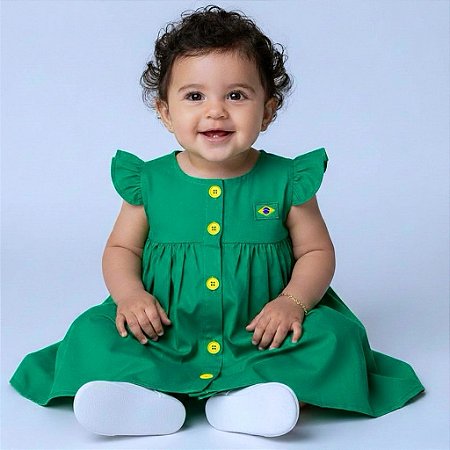 Vestido Bebê Menina e Infantil Verde 100% Algodão Confortável Macio 2 Meses a 6 Anos Copa Brasil