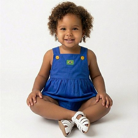 Macacão Bebê Azul Brasil Jardineira Menina Copa do Mundo 100% Algodão