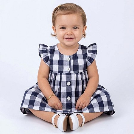 Vestido Bebê Xadrez Azul Macio Luxo Festa Manga Curta 100% Algodão 2 Meses a 4 Anos Maria Joaquina