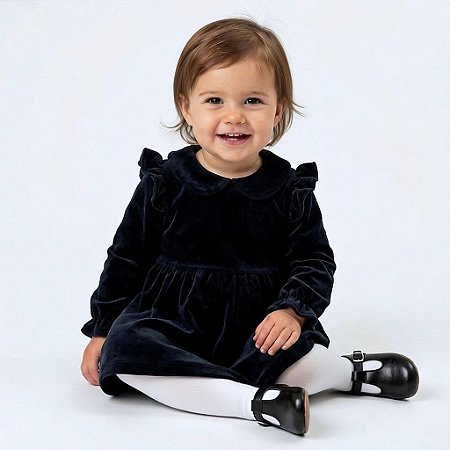 Vestido Bebê Plush Preto Luxo Festa Manga Longa Premium 2 Meses a 6 Anos