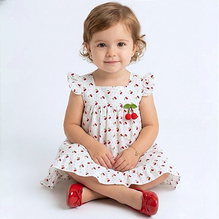 Vestido Bebê Menina 100% Algodão Estampa Cereja 2 Meses a 6 Anos