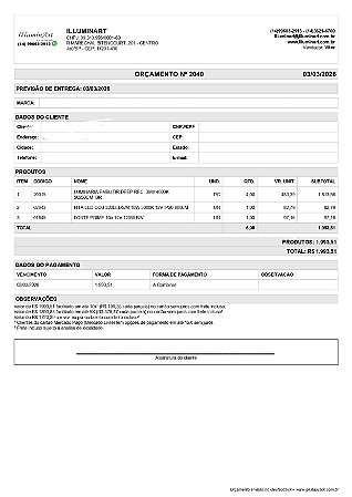 KIT DE PRODUTOS REFERENTE AO ORÇAMENTO NÚMERO 2040