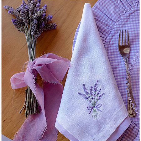 Guardanapo Branco com Bordado de Lavanda