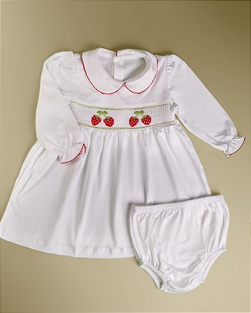 Vestido Smock Morangos ML - Branco Liso