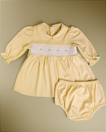 Vestido Smock Bordado Flor Amarela ML - Amarelo Liso