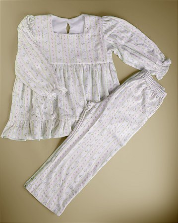 Pijama Gola Quadrada Blusa e Calça - Faixa com Flores