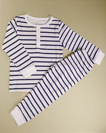 Pijama Blusa e Calça ML - Listrado Azul Marinho