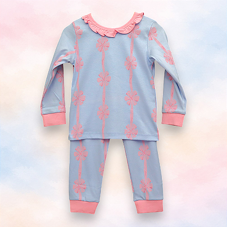 Pijama Blusa e Calça ML - Laço Rosa com Celeste