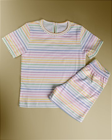 Pijama Blusa e Shorts MC - Listrado Colorido Horizontal Menina