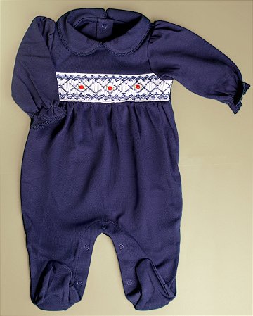 Macacão Smock Florzinha Vermelha - Azul Marinho Liso