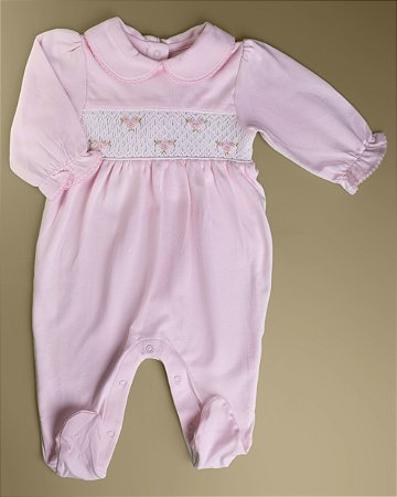 Macacão Smock Florzinha Rosa - Rosa liso