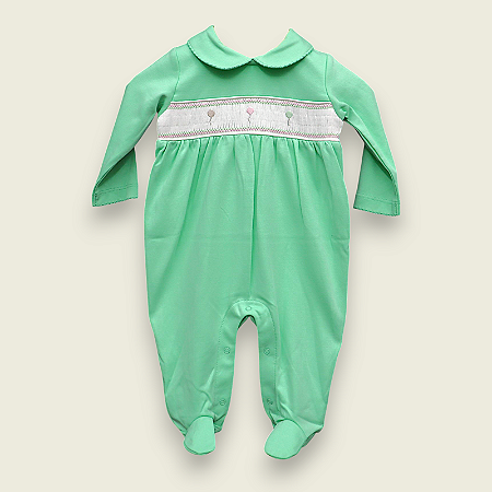 Macacão Smock Balões Rosa Menina - Verde Água