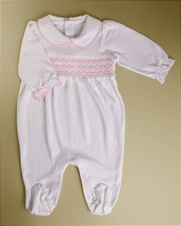 Macacão Smock Losango Rosa - Branco Liso