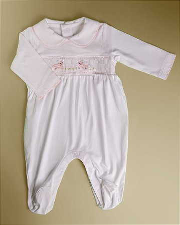 Macacão Smock Ovelha Rosa - Branco Liso
