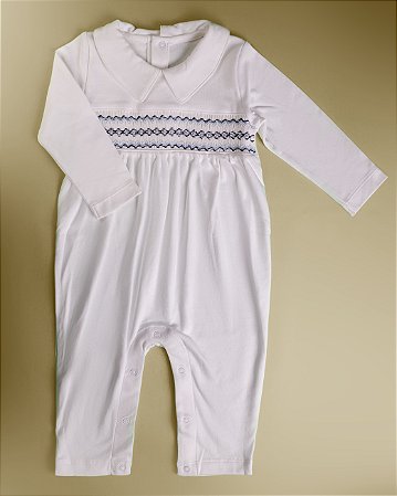 Macacão Smock Losango Azul Marinho - Branco Liso