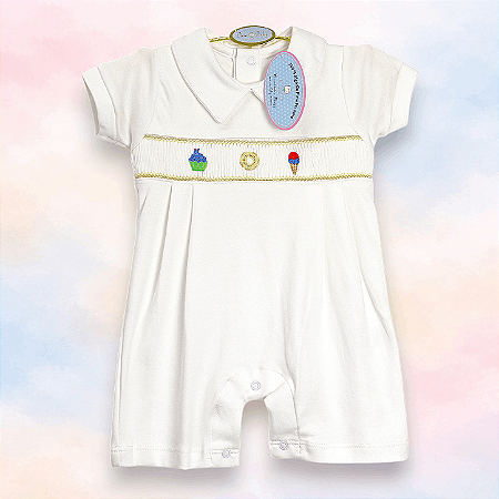 Macaquinho Smock Cupcake Colorido Menino - Branco Liso