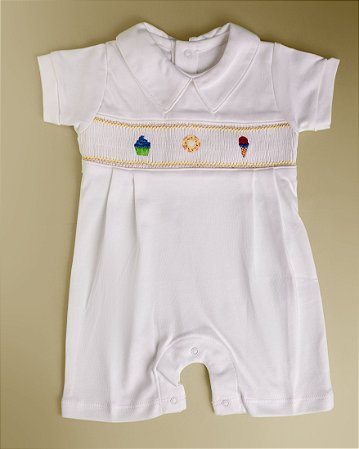 Macaquinho Smock Cupcake Colorido Menino - Branco Liso