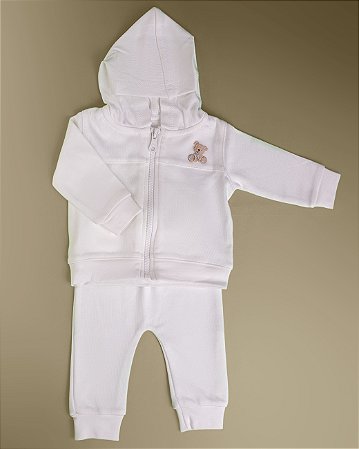 Jaqueta e Calça PIMA DUPLA Bordado Urso Azul - Branco Liso