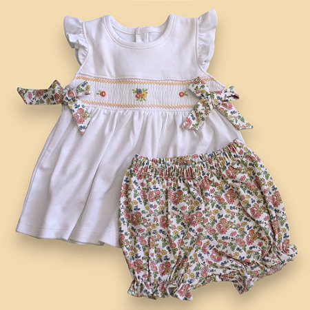 Vestido Smock Laço e flor 3 cores MC - Branco Liso
