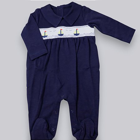 Macacão Smock Barco Vela Amarela - Azul Marinho Liso