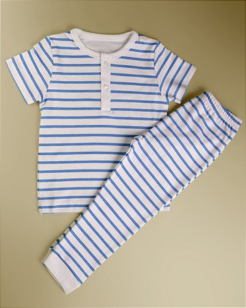 Pijama Blusa e Calça MC - Listrado Azul Largo