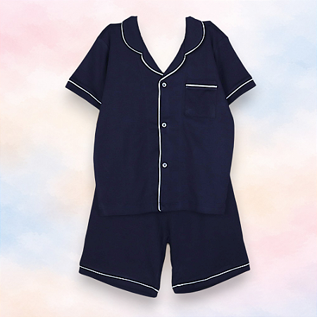 Pijama Botões Blusa e Shorts MC - Azul Marinho Liso