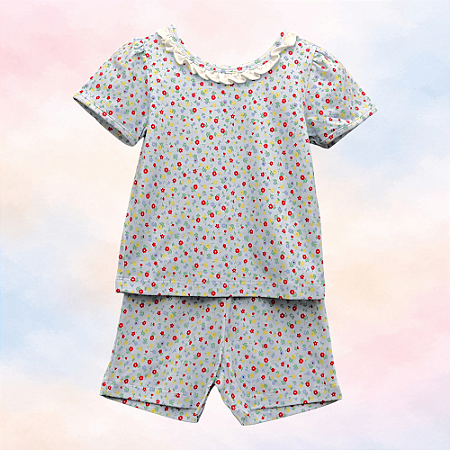 Pijama Blusa e Shorts Babadinho MC - Flor Fundo Azul