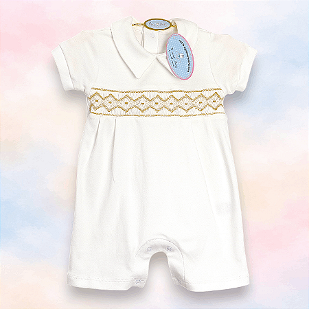 Macaquinho Smock Bordado Marrom - Branco Liso