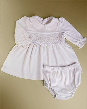 Vestido Smock ML Flor Azul e Rosa  - Off-White